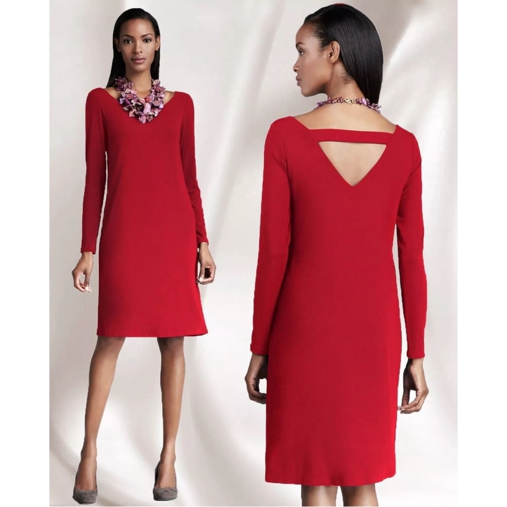 Eileen Fisher Viscose Jersey Ballet Neck Cut Out Back Scarlet Red Dress Medium - Picture 1 of 5